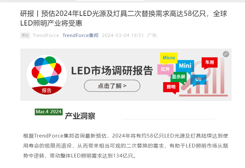 集邦咨询：预估2024年LED光源及灯具二次替换需求高达58亿只全球LED照明产业将受惠(图1)